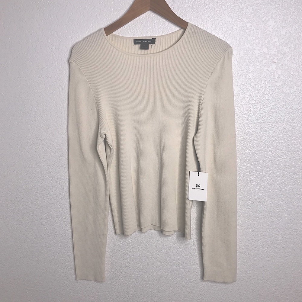 Something Navy Rib Knit Sweater Ivory White Large - Picture 8 of 8